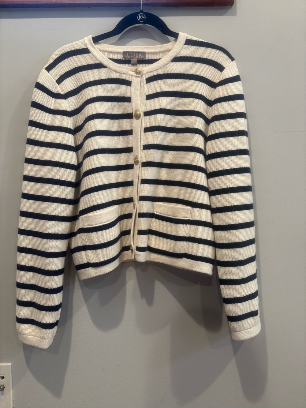 J. Crew Ivory and Navy Striped Cardigan